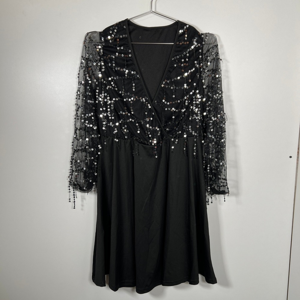 Party Glam Black Sequin Mesh‎ Dress Shein Curve V-Neck Long Sleeve 0XL Plus Size